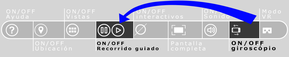 Imagen de la barra de navegación de los recorridos virtuales que resalta el botón del giroscopio y del botón play y pausa